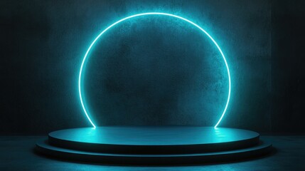Poster - Neon glowing circular lines abstract contemporary podium design 3D rendering