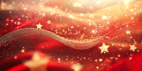 Wall Mural - red background with a wave of glitter and stars. the stars are scattered throughout the image, with 