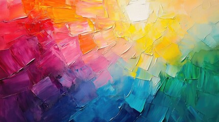 Poster - Abstract oil painting featuring a light and shadow interplay showcasing a textured paper with vibrant hues and a rainbow sun flare creating a captivating aesthetic effect from a top view