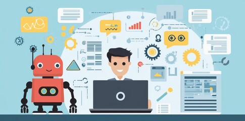 Poster - friendship, ai, cooperation, digital technology concept for banner with man and robot in workplace. 