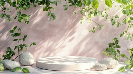 Poster - premium paper podium on a pastel background featuring plant branches leaves pebbles and natural ston