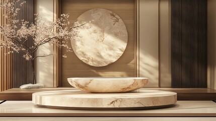 Wall Mural - japanese inspired architectural stone podium with a cosmetic background suitable for branding and pr
