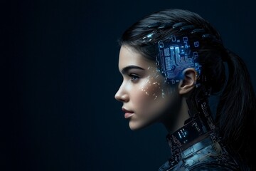 Poster - Photo of business woman using modern technology to store her personal information in her head created with generative stock