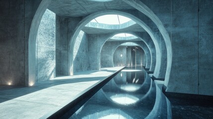 Poster - Futuristic modern sci fi concrete corridor in an underground setting featuring dark grunge elements and reflective surfaces with glowing accents ideal for a spaceship themed 3D rendering