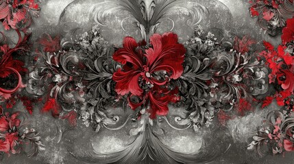 Poster - decorative fabric design featuring shades of gray and red with a touch of fantasy
