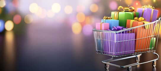 A vibrant e-commerce bokeh design featuring colorful shopping cart icons and retail elements