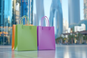 For retail and e-commerce concept, blurred bokeh with vibrant shopping bags and e commerce symbols is used