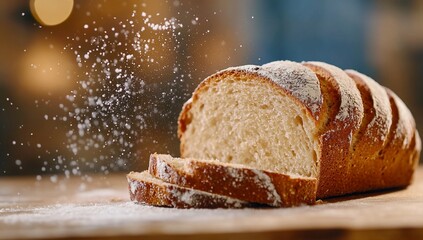 A sliced loaf of bread dusted with flour on a wooden surface.