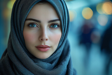 Poster - a woman wearing a hijab confidently leading a remote project, representing religious and cultural di