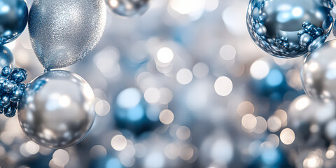 Wall Mural - blue and silver background with many shiny, glittery balls. the balls are scattered all over the bac