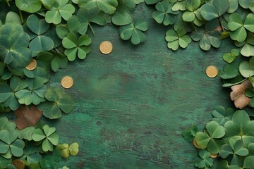 A green background adorned with clovers and gold coins.