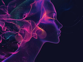 Poster - the concept of virtual reality or cyberspace is represented by a male face that comprises particles.