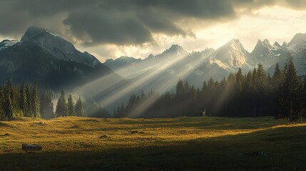 Mountain Majesty: Sunbeams pierce through dramatic clouds, illuminating a serene alpine meadow nestled amidst towering peaks.  