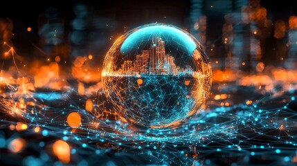 Poster - Future technology cyberspace illustration. A blue background depicts the data center's information network.