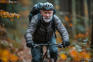 Sticker - A senior man cycling through a nature trail, demonstrating the importance of staying active in later years. Concept of outdoor activity.