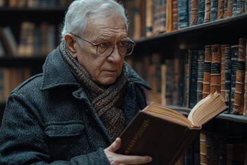 A senior man visiting a historical museum, representing a passion for learning and history. Concept of culture.