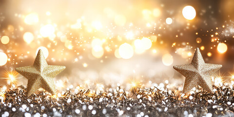 Wall Mural - starry background with two gold stars in the foreground. the stars are surrounded by glitter and the