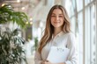 © Kristina - Portrait of a successful gorgeous stylish elegant caucasian business lady, hr or product manager, standing in white coworking center, holding documents, looking at the camera, smiling friendly