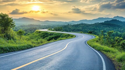 Winding Road to Success: A scenic, winding road stretches towards a breathtaking sunset, symbolizing a journey of growth and possibility.  