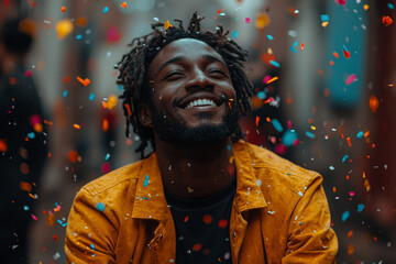 Aufkleber - A man celebrating a cultural achievement in a remote work setting, highlighting recognition of diverse backgrounds. Concept of recognition.