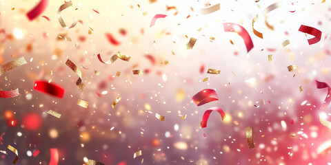 Wall Mural - colorful explosion of confetti is falling from the sky. the confetti is red and gold, and it looks l