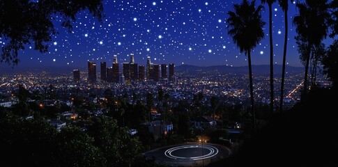 Poster - At night, downtown Los Angeles can be seen on a technology screen