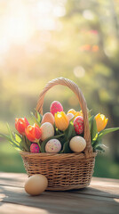 Cheerful easter card with wicker basket of colorful eggs and tulips for spring celebration