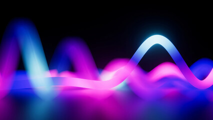 Wall Mural - 3d rendering of a unfocussed ultraviolet neon curvy lines, glowing in the dark, blurry floor reflect