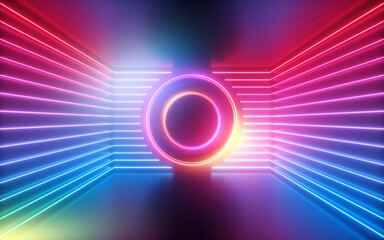 Wall Mural - 3d render, red blue neon lines, round shape inside empty room, virtual space, abstract background