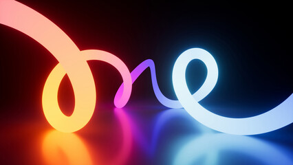 Wall Mural - 3d rendering of a multicolored neon curved line with loops, glowing in the dark and reflected in a m