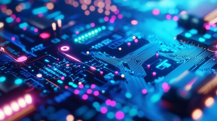 Poster - technology circuit board background with glowing electronic components - futuristic digital concept 