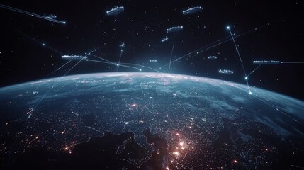 Poster - Display of modern military assets, including real fighter planes, ships, satellites, and naval vessels linked by communication or data lines.