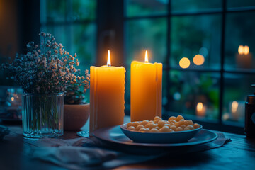Poster - a candlelit dinner for two, with simple food and deep conversation. concept of slow living.