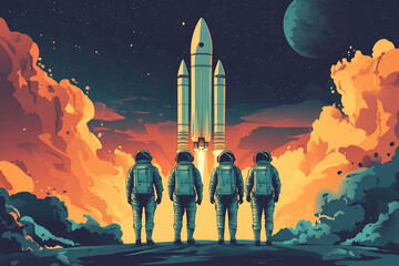 team of astronauts standing in front of rocket, space exploration, futuristic sci-fi illustration, o
