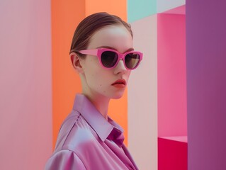 Fashion shooting model in sunglasses on minimalist background