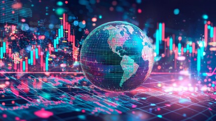 Poster - In a futuristic financial setting, a digital representation of the Earth is surrounded by data visuals and graphs