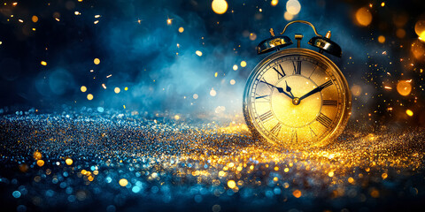 Wall Mural - gold clock sits on a blue background with glitter. the clock is set at 10:30