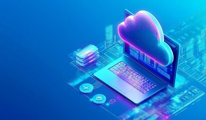 Poster - Using cloud storage services with home and office computers, laptops, tablets, and smartphones, online devices upload information, download data, and store data in online databases. It's an isometric