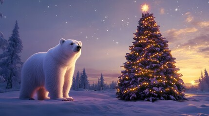 Polar Bear Gazing at a Decorated Christmas Tree in a Snowy Winter Landscape
