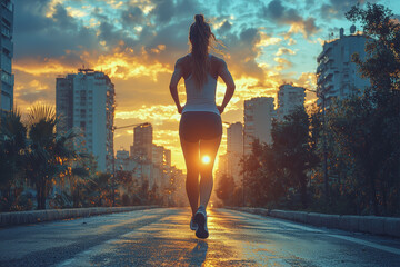 Aufkleber - a woman jogging through the city streets at dawn, taking advantage of the quiet morning hours to foc