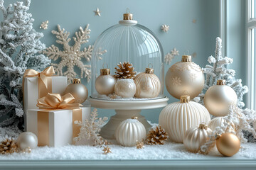 A festive arrangement of elegant ornaments, gifts, and natural elements, evoking a cozy, wintry holiday atmosphere.