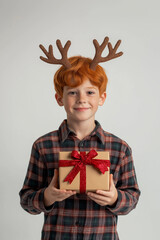 Happy boy with a horn hat holding a gift box. Super Saturday sales. Merry Christmas and Happy New year concept. 