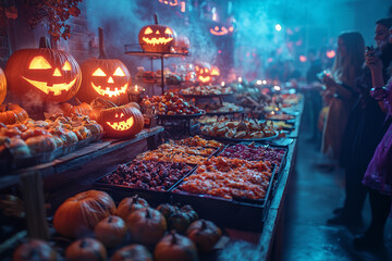 Poster - a halloween party with friends dressed in creative costumes, enjoying themed food and games. concept
