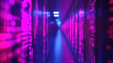 Poster - Neon Glowing Data Center Hallway