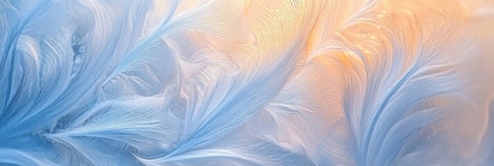 Fototapete - Intricate frosty patterns emerge in soft blues and warm tones, capturing the beauty of a cold winter morning's transformation. Generative AI