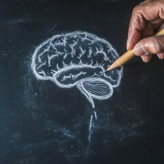 drawing human brain on chalk board, mental health awareness, medical assistance, healing and care for sick people