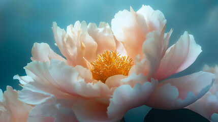 Wall Mural - Lush peony in flower detail, closeup macro of blossom and bloom, beautiful head and bud with pink tones, floral through spring light