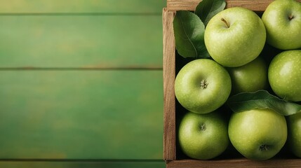 Sticker - A rustic wooden crate filled with fresh green apples sits on a wooden table, offering a crisp, vibrant display of nature's bounty and the appeal of healthy living.