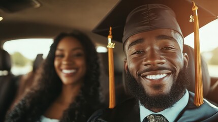 A bright and cheerful graduate, adorned in cap and gown, shares a jubilant moment with a supportive friend inside a car, symbolizing success and new beginnings vividly.