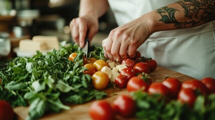 A chef with tattooed arms expertly chops fresh basil and tomatoes on a wooden board, capturing a moment of culinary creativity in a dynamic kitchen setting.